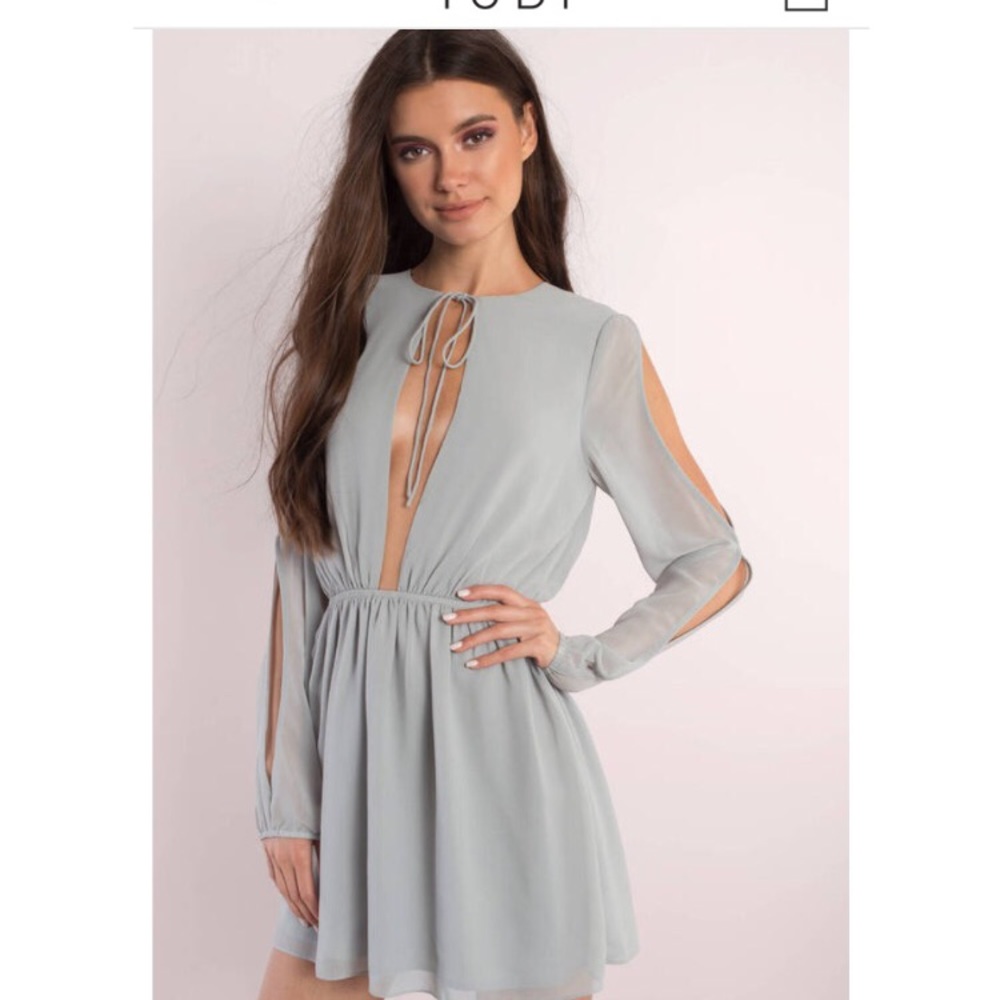 Pale Blue Low Cut Slit Sleeve Dress